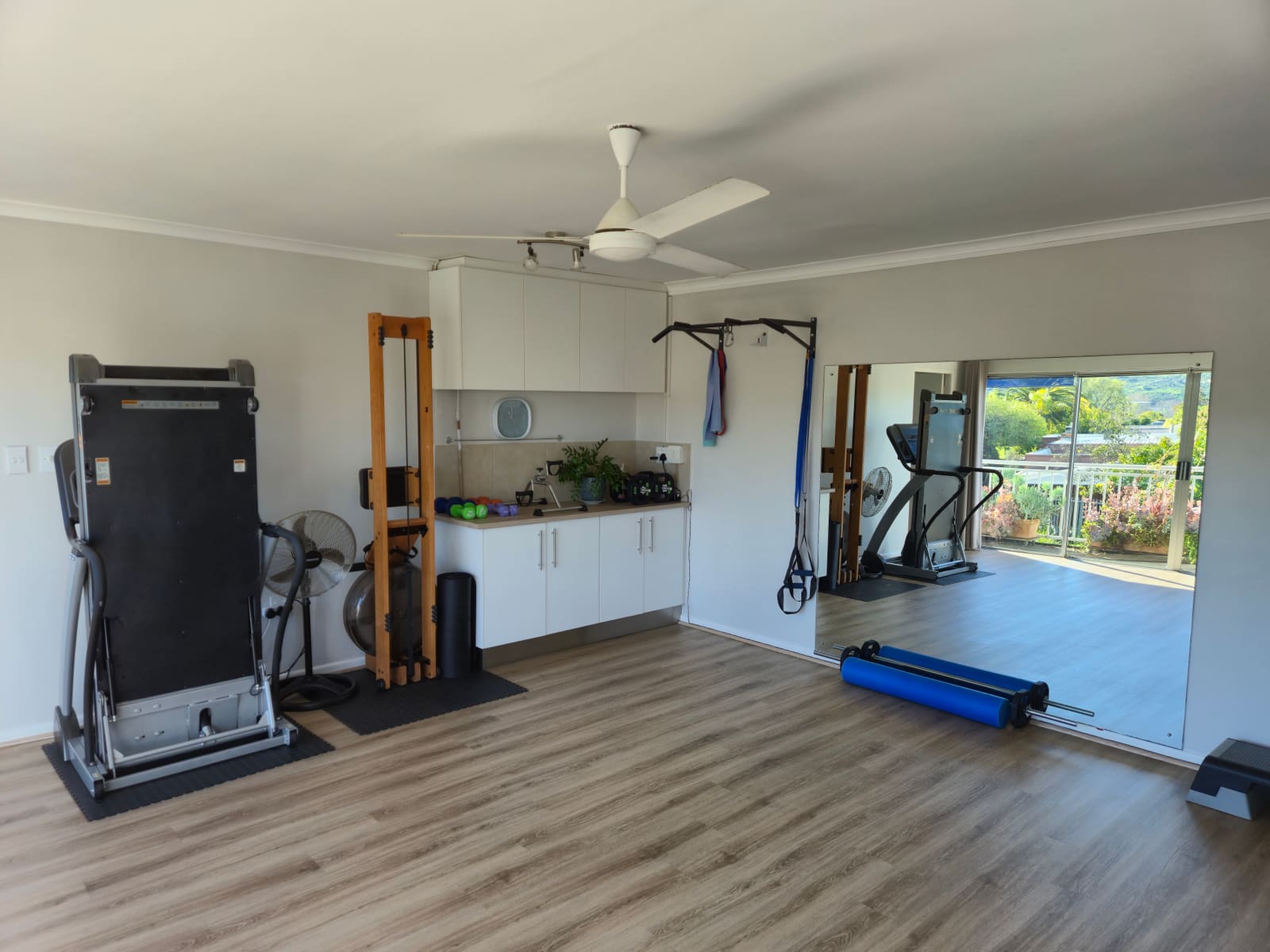 The upstairs biokinetics practice in Die Boord with rehabilitation equipment and mirror wall